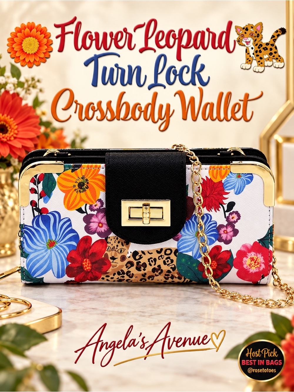 FLOWER LEOPARD TURN LOCK CROSSBODY WALLET HOST PICK NEW